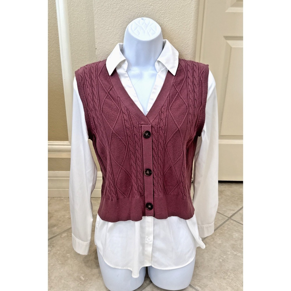 Siani Milano Vest Blouse Size S V Neck Purple/‎ White Long Sleeve Preppy Career